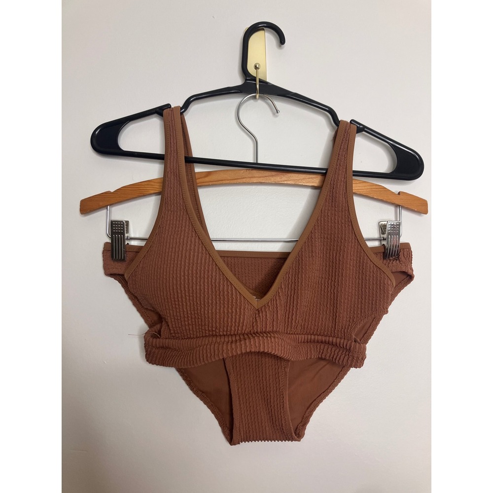 Aerie Bikini Set Womens S Brown Excellent Smocked Crinkle Scoop Neck 2 Piece
